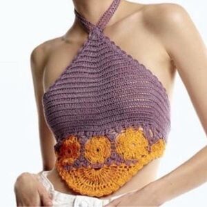 Zara Crochet Open Back Halter Top Purple Orange Size Small